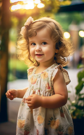 Generative AI : Outdoor portrait of a cute little girl in dressの素材