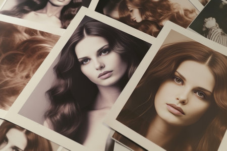 Generative AI : Stack of vintage photos of beautiful womenの素材