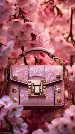 Generative AI : Blossoming of cherry flowers in spring time with green leaves and red ladybagの素材