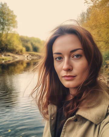 Generative AI : Outdoor autumn portrait of beautiful girl above the lake surfaceの素材