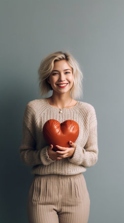 Generative AI : Pretty blond girl holding heart shape valentine day conceptの素材