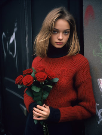 Generative AI : Portrait of blond long hair girl with red roseの素材