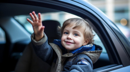 Generative AI : Portrait of a little smiling blond boy in the carの素材