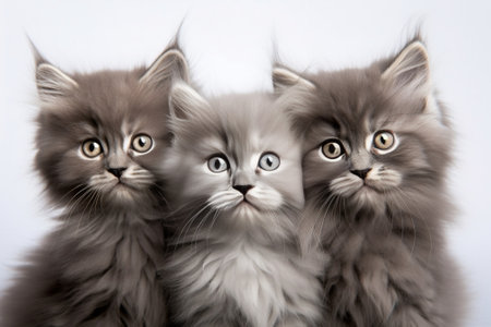 Generative AI : Three fluffy kittens isolated on white backgroundの素材