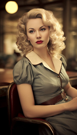 Generative AI : beautiful blond woman vintage style portrait on retro backgroundの素材