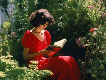 Generative AI : Young woman with red book on the green grassの素材