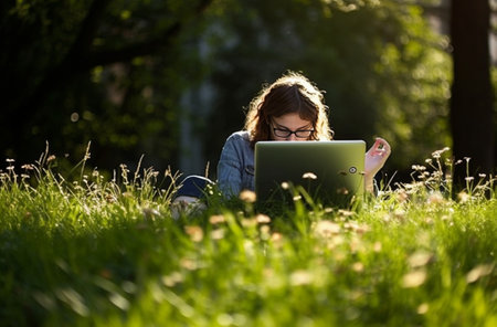 Generative AI : Young beautiful woman lying on the grass with the laptopの素材