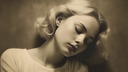 Generative AI : beautiful blond woman with eyes closed vintage style portraitの素材
