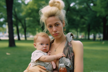 Generative AI : Sad baby girl with dummy holding by her motherの素材