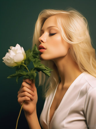 Generative AI : beautiful young woman smelling flowersの素材
