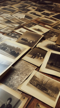 Generative AI : old retro photos on table vintage backgroundの素材
