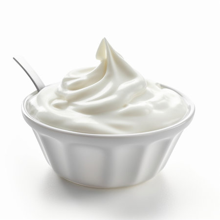 Generative AI : Glass bowl with sour cream on the whiteの素材