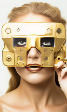 Generative AI : beautiful blond woman with gunny mask on her faceの素材