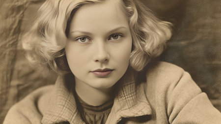 Generative AI : vintage portrait beautiful blond woman with eyes closed on old paperの素材