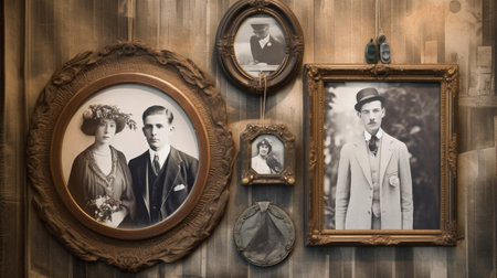 Generative AI : vintage photos on old wallの素材