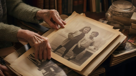 Generative AI : woman looking in old photo album vintage portrait on retro backgroundの素材