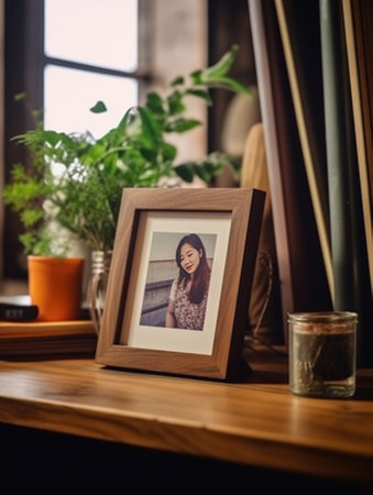 Generative AI : photo frame on wooden tableの素材