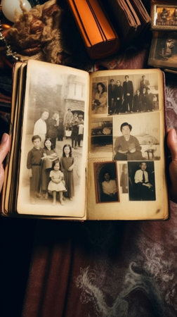 Generative AI : woman looking in old photo album vintage portrait on retro backgroundの素材