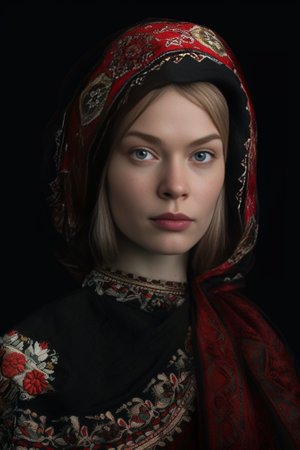 Generative AI : portrait of beautiful russian girl on black backgroundの素材