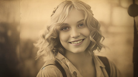 Generative AI : vintage portrait beautiful blond woman with eyes closed on old paperの素材