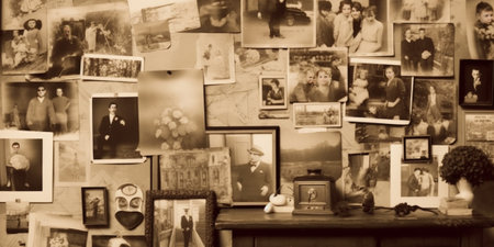 Generative AI : vintage photos on old wallの素材