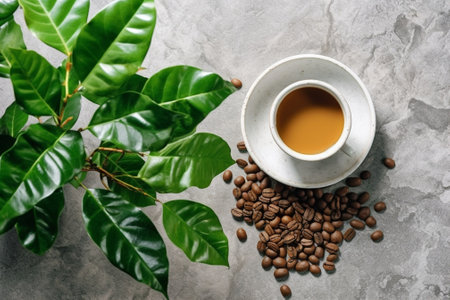 Black Coffee in a White Ceramic Cup and Saucer Cinnamon Laurel Leaves Coffee Beans Background : Generative AIの素材