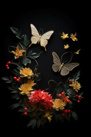 Butterflies and Flowers on Black Background : Generative AIの素材