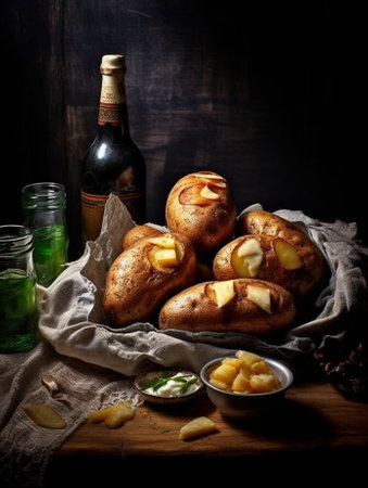 Delicious Baked Potatoes in an Old Vintage Black Metal Cauldron on a Sacking background : Generative AIの素材