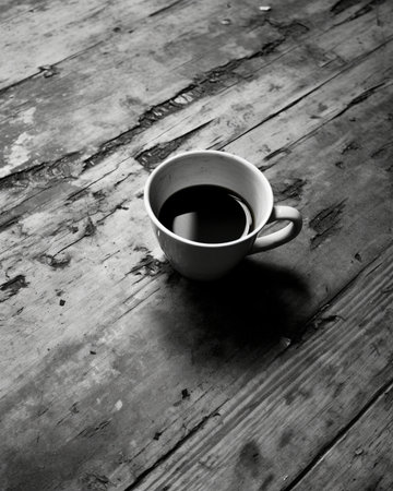 Cup of Coffee on Wooden Tabletop in Black and White : Generative AIの素材