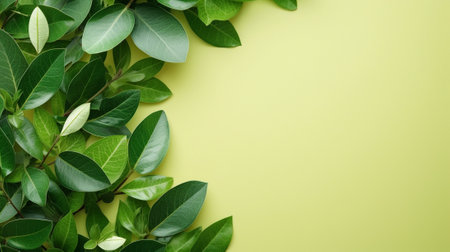Fresh Natural Green Leaves Border or Frame on a Bamboo Mat Background : Generative AIの素材