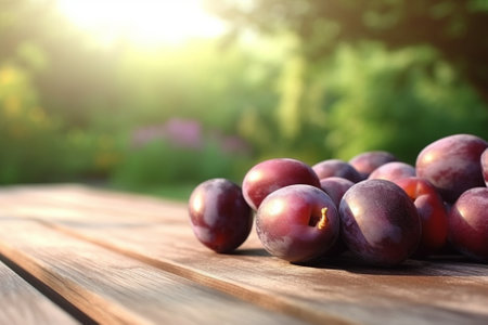 Fresh Plums on Wooden Table Above View : Generative AIの素材