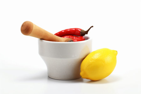 Handmade Wooden Mortar and Pestle isolated on a white background : Generative AIの素材
