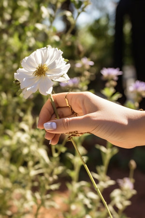 Man Holding Cosmos Flower in the Hand Above the Old Wooden Table : Generative AIの素材