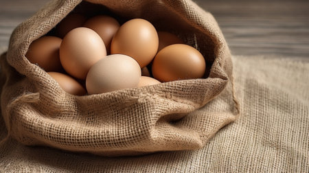 Hens Eggs in a Woven Straw Basket on a Sacking background : Generative AIの素材