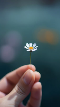 Man Holding Cosmos Flower in the Hand Above the Old Wooden Table : Generative AIの素材