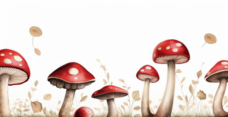 Mushrooms Border on White Background : Generative AIの素材