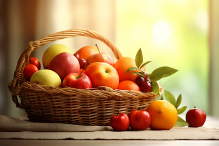 Ripe Fruits in a Basket on Wooden Table : Generative AIの素材