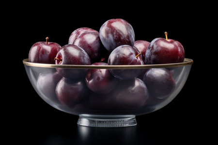 Ripe Plums in Silver Metallic Bowl on Aged Wooden Table : Generative AIの素材