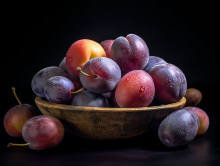 Small Fresh Plums in a Wooden Bowl on Vintage Wooden Table : Generative AIの素材
