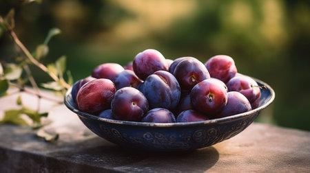 Ripe Plums in Silver Metallic Bowl on Aged Wooden Table : Generative AIの素材