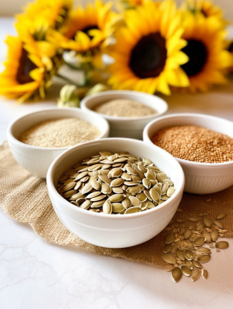 Sunflower Seeds in a White Ceramic Dish on the Sacking : Generative AIの素材