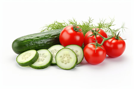 Ripe Tomatoes Cucumber Onion and Dill isolated on a white background : Generative AIの素材