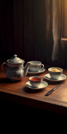 White Ceramic Cup and Saucer on Wooden Table on Black Background : Generative AIの素材