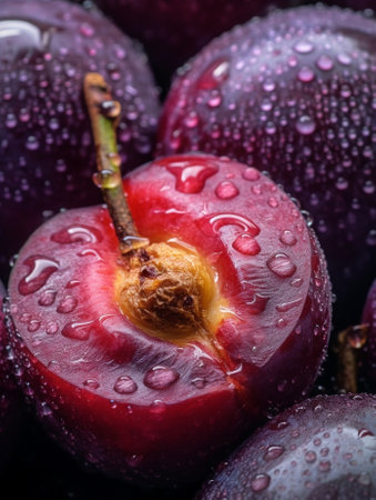 Plums with Water Drops Closeup : Generative AIの素材