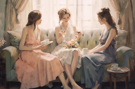 After day shopping Three beautiful young women in dresses sitting on the couch and looking at the clothes they bought while shopping : Generative AIの素材