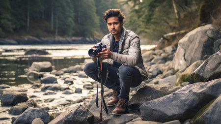 Always carrying camera Young modern man with backpack holding a photo camera while sitting in the woods with river in background : Generative AIの素材