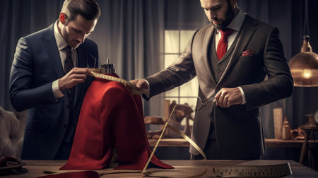 Best suit Young fashionable designer helping his client to get dressed while standing in his workshop : Generative AIの素材