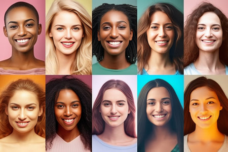 All about femininity Collage of diverse multiethnic and mixed age woman expressing different emotions : Generative AIの素材