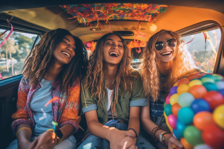 Always together and never apart Two cheerful young women holding bottles of beer while their friends sitting at the background in retro minivan : Generative AIの素材