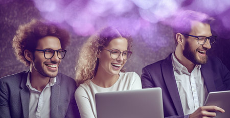 Celebrating success Three happy business people in smart casual wear looking at the laptop and gesturing : Generative AIの素材